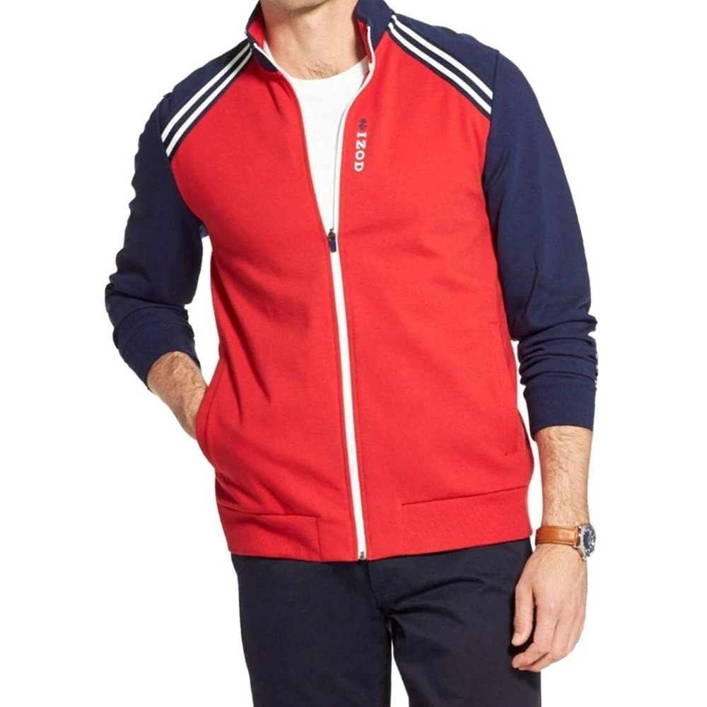 NEW IZOD Advantage Performance Stretch Track Jacket‎ Red Navy Mens Medium NWT